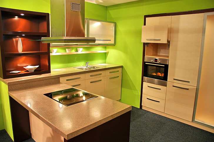 коричневый и черный кухонный остров, кухня, интерьер, например, мебель, плита, HD обои