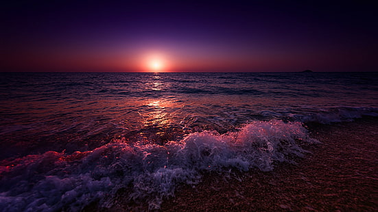 mar, paisaje, playa, puesta de sol, cielo púrpura, skyscape, Fondo de pantalla HD HD wallpaper