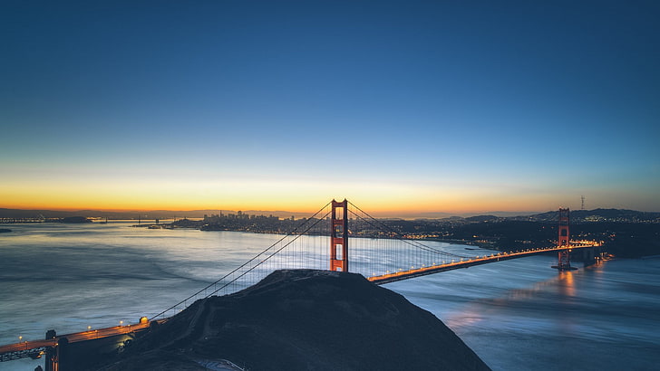 جسر البوابة الذهبية ، نيويورك ، جسر البوابة الذهبية ، الجسر ، الهندسة المعمارية ، الولايات المتحدة الأمريكية ، سان فرانسيسكو ، البحر ، الغروب ، المدينة، خلفية HD