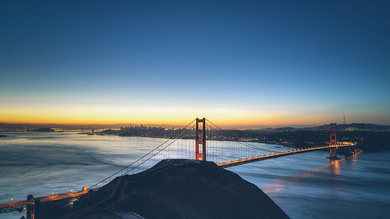 Golden Gate Bridge, New York, Golden Gate Bridge, bro, arkitektur, USA, San Francisco, hav, solnedgång, stad, HD tapet HD wallpaper