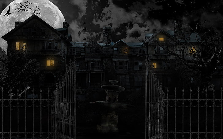haunted house illustration, night, house, fear, the moon, horror, horor, HD wallpaper