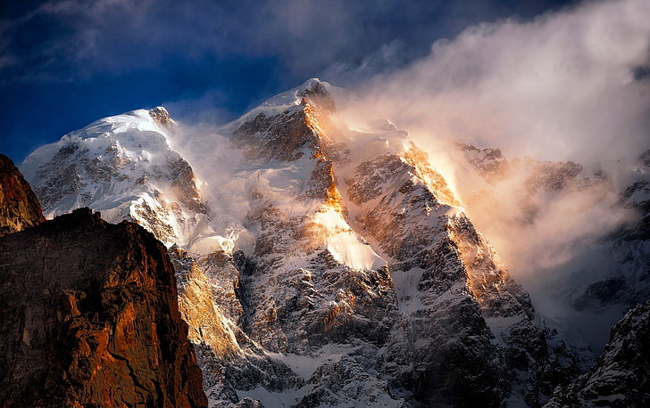 peinture abstraite marron et blanc, montagnes, nature, neige, Fond d'écran HD