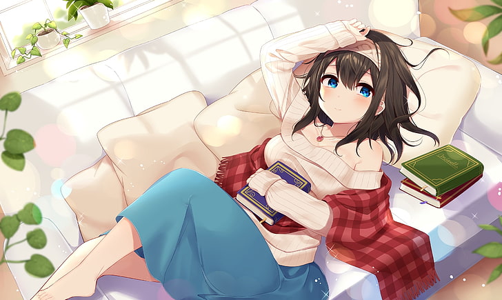 アニメの女の子、横になって、ソファ、本、茶色の髪、カチューシャ、アニメ、 HDデスクトップの壁紙