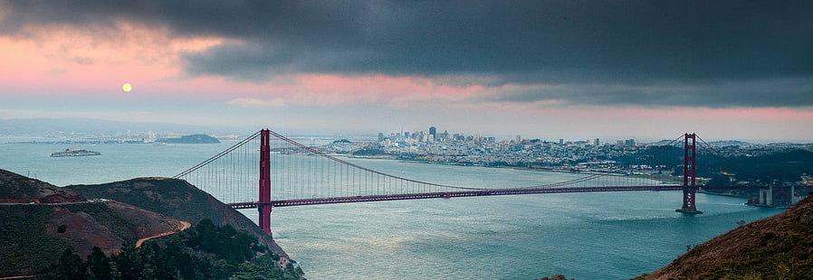 Golden State Bridge paesaggio, luogo famoso, ponte - struttura artificiale, Golden Gate Bridge, ponte sospeso, Contea di San Francisco, California, architettura, USA, mare, paesaggio urbano, trasporto, Sfondo HD HD wallpaper