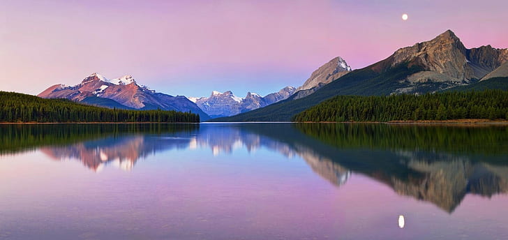 달 호수 호수 maligne 캐나다 산 숲 눈 덮인 피크 물 자연 풍경, HD 배경 화면