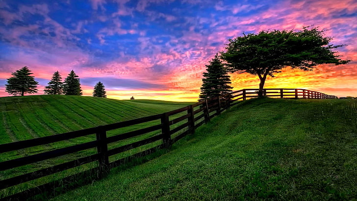 hills, countryside, sunset, field, fence, nature, HD wallpaper