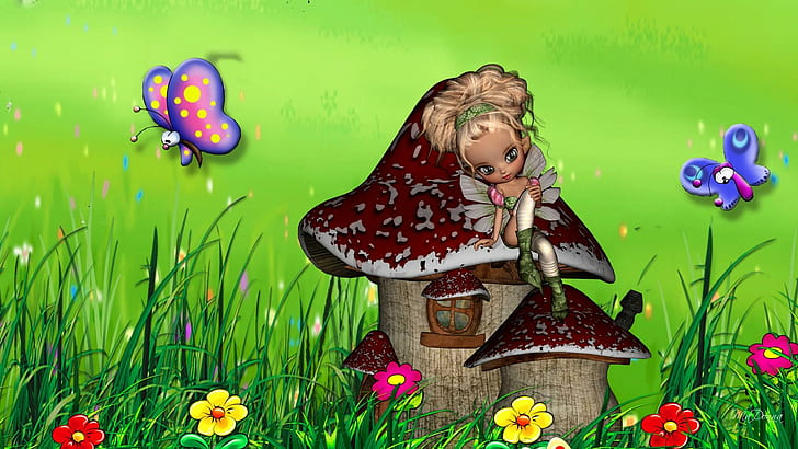Mushroom Fairy House, fairy, magical, pixie, story time, grass, whimsical, cute, bugs, flowers, house, fantasy, child, HD wallpaper