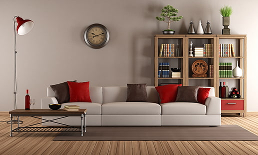 белый кожаный диван, диван, часы, интерьер, подушка, библиотека, винтаж, гостиная, часы, диван, подушки, ягненок, стильный дизайн, HD обои HD wallpaper