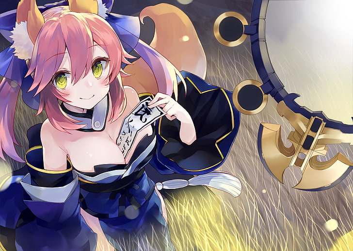 Fate Series, Fate/Extra, Blush, Caster (Fate/Extra), Pink Hair, Short Hair, Smile, Twinitails, Yellow Eyes, HD wallpaper