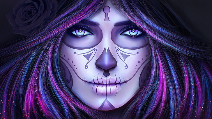 Artistic, Sugar Skull, Day of the Dead, Face, Girl, Purple, Woman, HD wallpaper