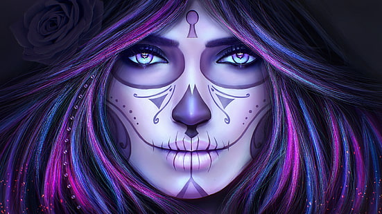 Artistic, Sugar Skull, Day of the Dead, Face, Girl, Purple, Woman, HD wallpaper HD wallpaper