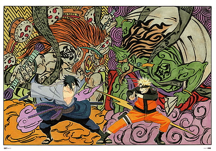 Peinture de personnages de Naruto, Naruto Shippuuden, Uzumaki Naruto, Masashi Kishimoto, Uchiha Sasuke, croquis de manga, oeuvre d'art, ninjas, Fond d'écran HD HD wallpaper
