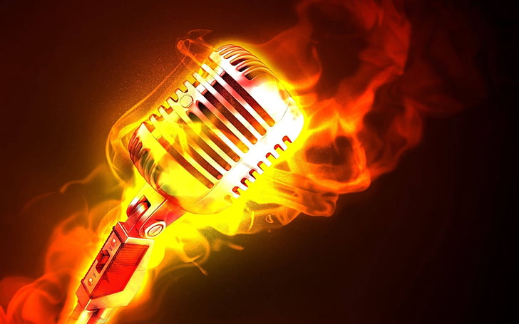silver condenser microphone, microphone, fire, flame, metal, HD wallpaper