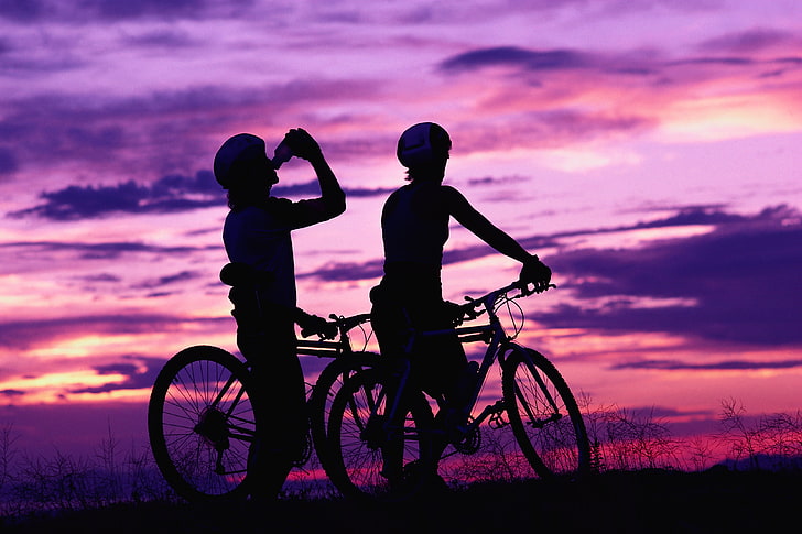 silhouette of cycler wallpaper, cyclists, leisure, sport, sunset, HD wallpaper