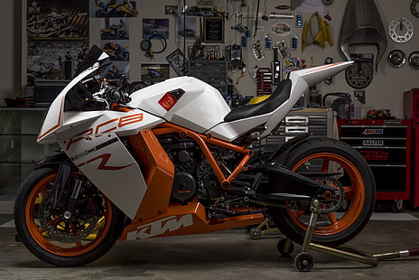 бял и оранжев спортен велосипед KTM, дизайн, гараж, мотоциклет, спортни велосипеди, KTM RC8R, HD тапет HD wallpaper
