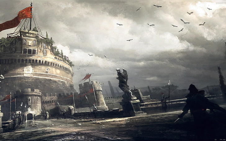 bandeira vermelha no wallapper digital do castelo, Assassin's Creed: Revelations, Ezio Auditore da Firenze, Assassin's Creed, Itália, pintura, bandeira, anjo, guardas, lança, videogames, HD papel de parede