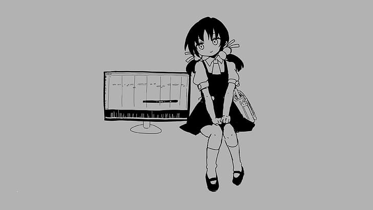 Kaai Yuki, inabakumori, nukunuku nigirimeshi, Utau, Vocaloid, anime girls, smiling, monochrome, gray background, monitor, school bag, simple background, HD wallpaper