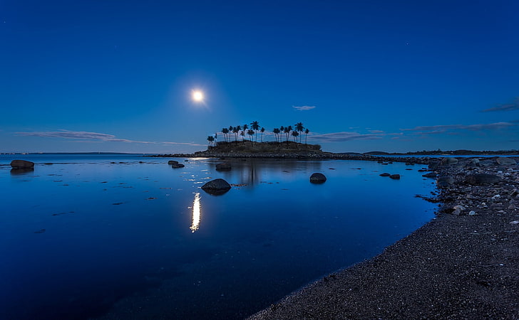 landscape, nature, moonlight, coconuts, island, beach, blue, water, reflection, Norway, HD wallpaper
