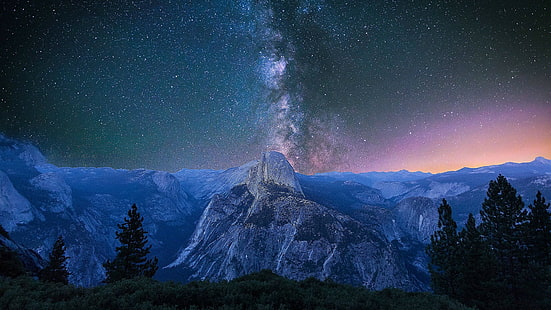 natur, himmel, halvkupol, Vintergatan, Yosemite National Park, berg, glaciärpunkt, Yosemite, Yosemite Valley, träd, natt, landskap, National Park, Aurora Borealis, USA, Kalifornien, HD tapet HD wallpaper