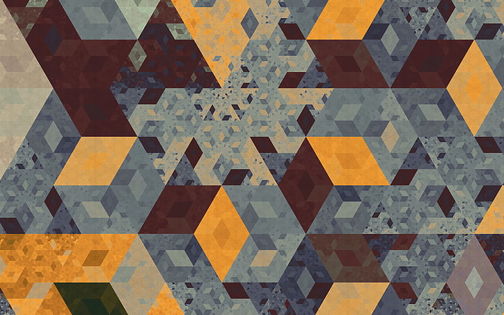 blue and brown digital wallpaper, Apophysis, isometric, tesselation, orange, cube, fractal, triangle, pattern, geometry, hexagon, digital art, abstract, artwork, HD wallpaper