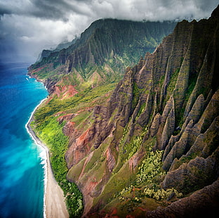 deniz, Dağlar, okyanus, kıyı, Hawaii, Amerika Birleşik Devletleri, Devlet, Kauai Adası, Napali Sahili, HD masaüstü duvar kağıdı HD wallpaper