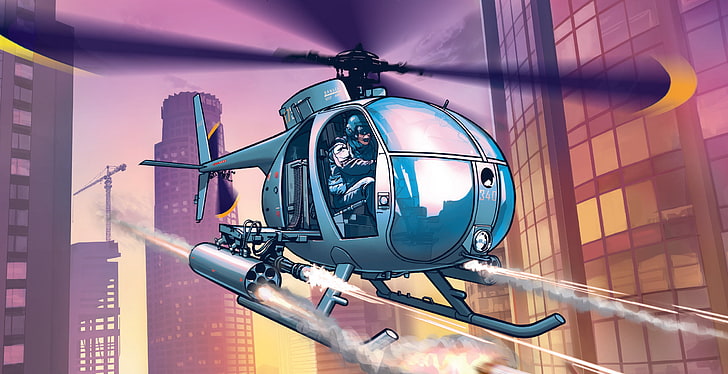 niebieski helikopter z ilustracją pilota, grand theft auto v, gta, pilot, sęp, Tapety HD