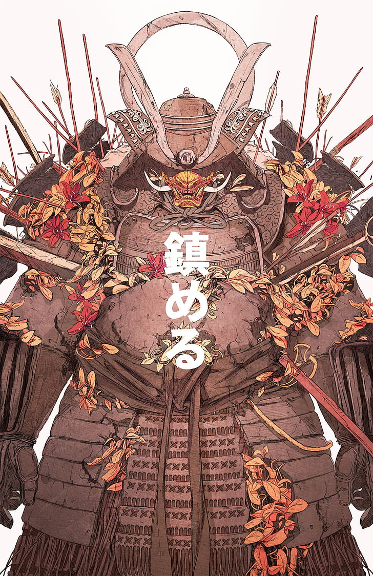 viking animation wallpaper, Chun Lo, samurai, men, armor, arrows,  flower, mask, warrior, drawing, HD wallpaper