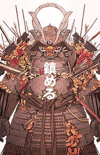 carta da parati animata vichinga, Chun Lo, samurai, uomini, armature, frecce, fiori, maschera, guerriero, disegno, Sfondo HD HD wallpaper