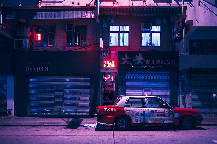 white and red sedan, Kowloon, Hong Kong, China, vaporwave, neon lights, car, taxi, city, OutRun, HD wallpaper
