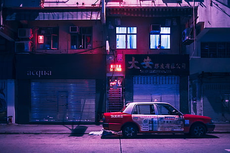 sedan branco e vermelho, Kowloon, Hong Kong, China, vaporwave, luzes de neon, carro, táxi, cidade, OutRun, HD papel de parede HD wallpaper