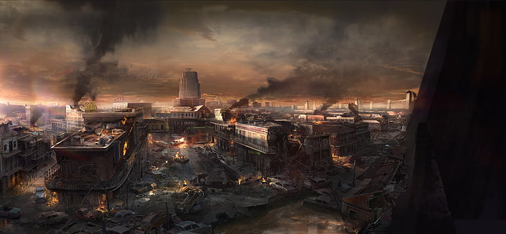 papel tapiz de la ciudad post-apocalipsis, Wolfenstein, arte conceptual, Wolfenstein II: The New Colossus, videojuegos, Video Game Art, Fondo de pantalla HD
