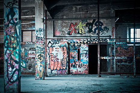 opuszczony, sztuka, budynek, zniszczony, graffiti, malarstwo, sztuka uliczna, wandalizm, Tapety HD HD wallpaper