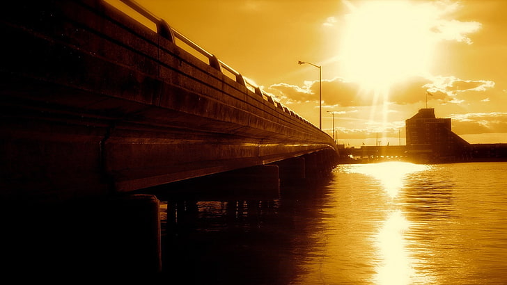 landscape, sunset, bridge, river, sepia, HD wallpaper