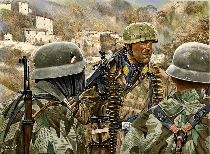 three men wearing M1 caps painting, weapons, figure, art, Italy, camouflage, mountain, uniform, huntsman, WW2, German, (Mountain hunters), 1944, HD wallpaper