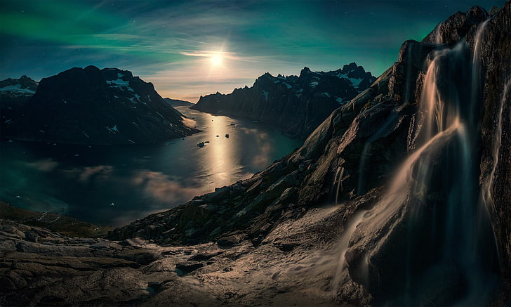 body of water, time lapse photography of waterfalls, nature, landscape, photography, mountains, waterfall, snow, fjord, moonlight, starry night, Greenland, aurorae, long exposure, Max Rive, clouds, reflection, HD wallpaper
