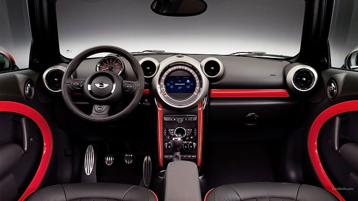 black Mini multifunction steering wheel, car, Mini Cooper, dashboards, car interior, HD wallpaper