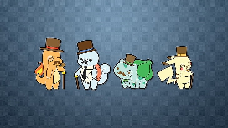 illustration de quatre personnages Pokémon, Pokémon, jeux vidéo, fond bleu, Fond d'écran HD