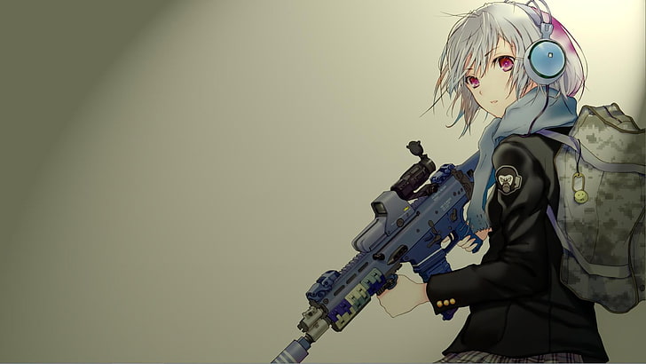 weiße behaarte weibliche Anime-Charakterillustration, Anime, Anime-Mädchen, Gewehr, Kopfhörer, ursprüngliche Charaktere, Waffe, Überlebender, HD-Hintergrundbild