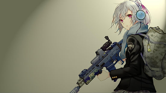white haired female anime character illustration, anime, anime girls, gun, headphones, original characters, weapon, Survivor, HD wallpaper HD wallpaper