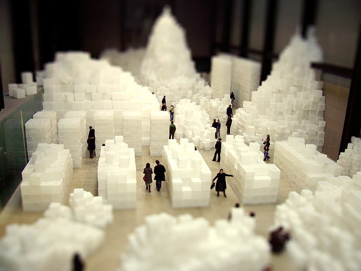 women's black coat, group of person looking at white plastic box lot, tilt shift, people, boxes, Tate Gallery of Modern Art, abstract, HD wallpaper