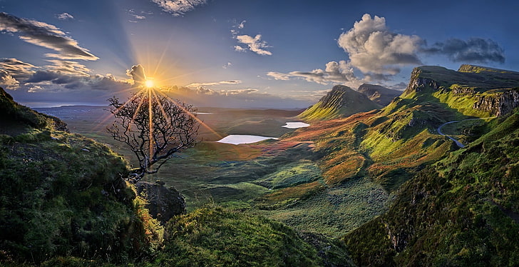 fotografi mata burung dari hutan, alam, lanskap, Skye, pulau, matahari terbenam, danau, bukit, awan, langit, jalan, lembah, rumput, semak, panorama, Skotlandia, Wallpaper HD