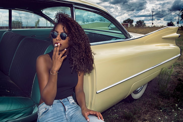 smoking, women, model, vehicle, car, African  American, ebony, jeans, women with shades, women with cars, HD wallpaper