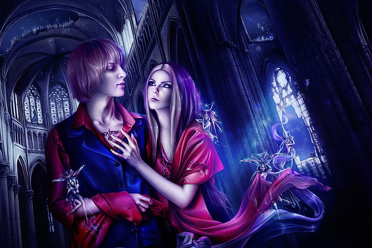 Love Couple Fantasy HD, man in blue and red long button up shirt and woman in red dress poster, 1920x1280, love couple, fantasy, couple, HD wallpaper