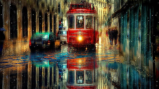 pora deszczowa, deszcz, deszcz, krople deszczu, ulica, życie w mieście, tramwaj, miasto, Tapety HD HD wallpaper