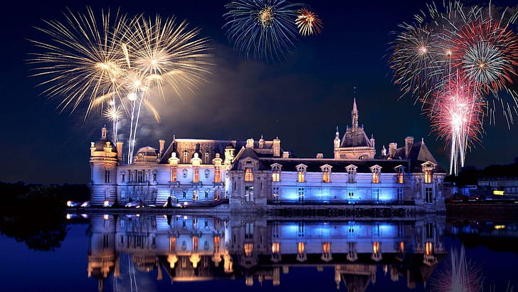 Fireworks Above A Palace On A Lake, two yellow and red fireworks, lights, fireworks, lake, palace, reflection, nature and landscapes, HD wallpaper