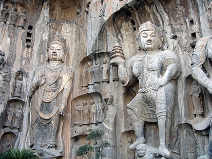 szary posąg hinduskiego boga, groty longmana, kamień, architektura, krople, plamy, Tapety HD HD wallpaper