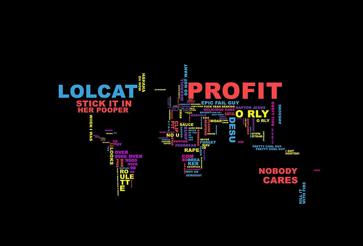 Lolcat profit illustration, map, world, word clouds, 4chan, memes, world map, minimalism, simple background, typography, HD wallpaper