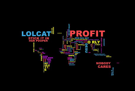 Ilustracja zysku Lolcat, mapa, świat, chmury słów, 4chan, memy, mapa świata, minimalizm, proste tło, typografia, Tapety HD HD wallpaper