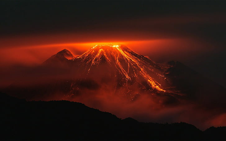 volcano orange nature landscape lava night silhouette volcanic eruption ecuador mountains red, HD wallpaper
