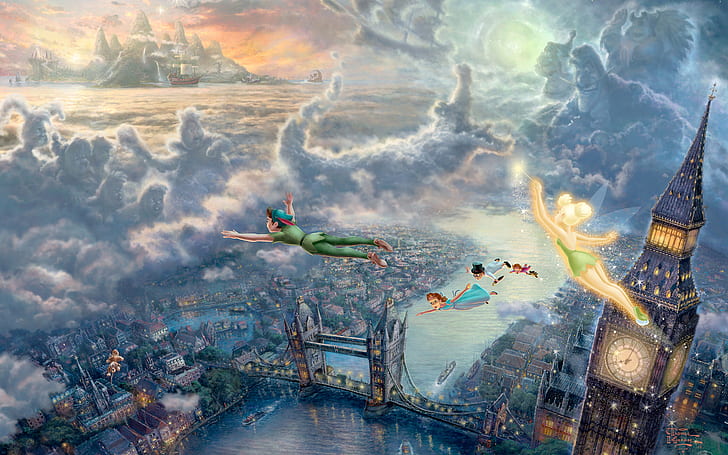 Peter Pan Disney Clouds London Big Ben Tower Bridge Drawing HD, tinkerbell painting, digital / artwork, rysunek, chmury, most, wieża, duży, disney, londyn, ben, peter, pan, Tapety HD